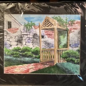 Watercolor painting of backyard walkway